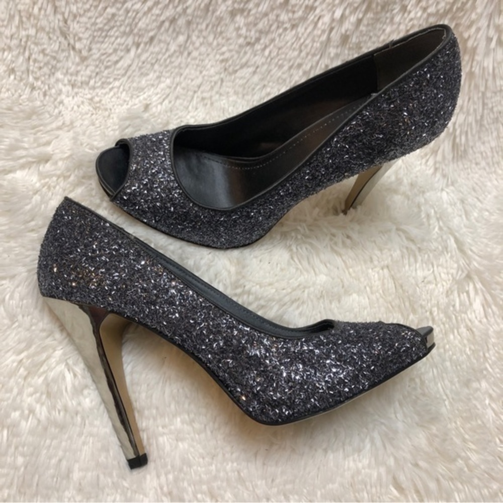 Nine West Silver Glitter Peep Toe Mirror Effect High Heels, 9